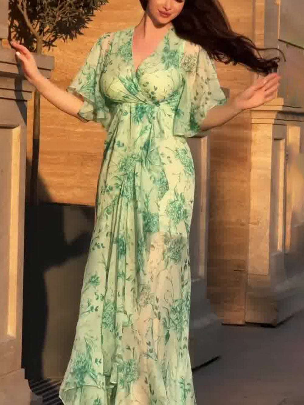 Vestido Retro Manga Trompeta Elegante