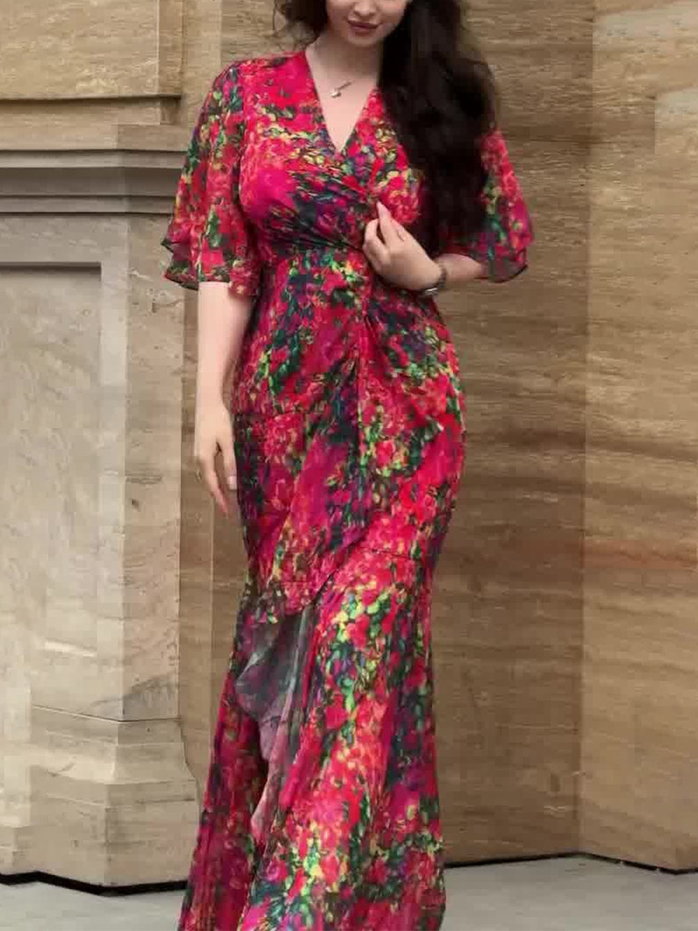 Vestido Retro Manga Trompeta Elegante