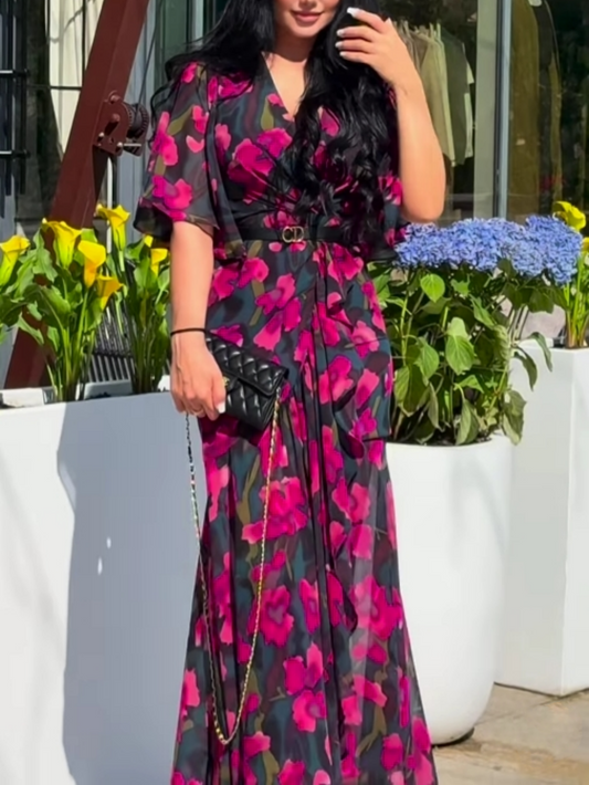 Vestido Retro Manga Trompeta Elegante