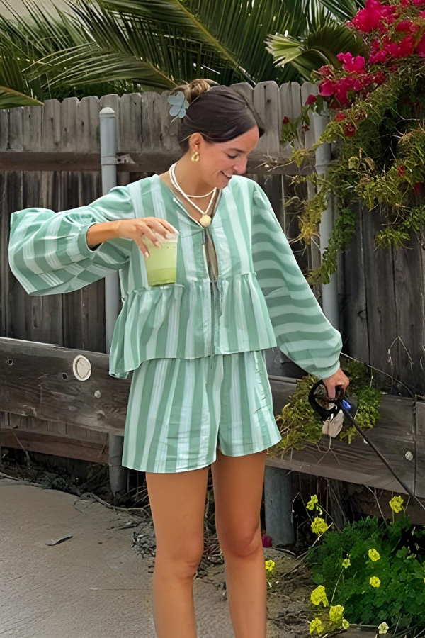 Chic Striped Blouse-Shorts Set