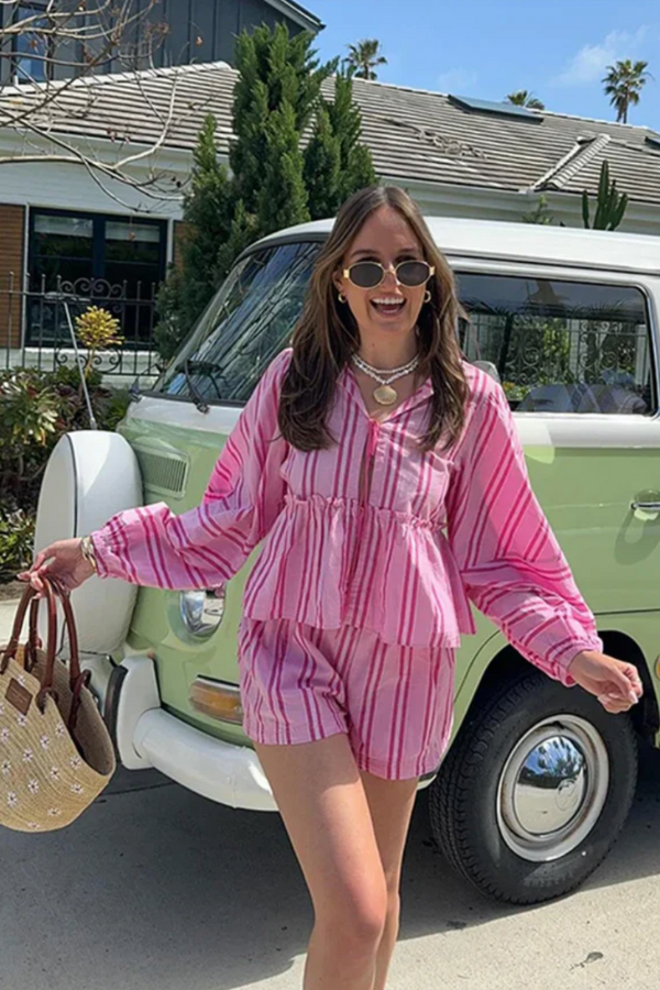 Chic Striped Blouse-Shorts Set