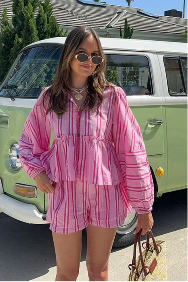 Chic Striped Blouse-Shorts Set