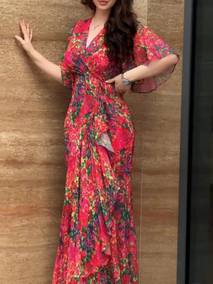 Vestido Retro Manga Trompeta Elegante