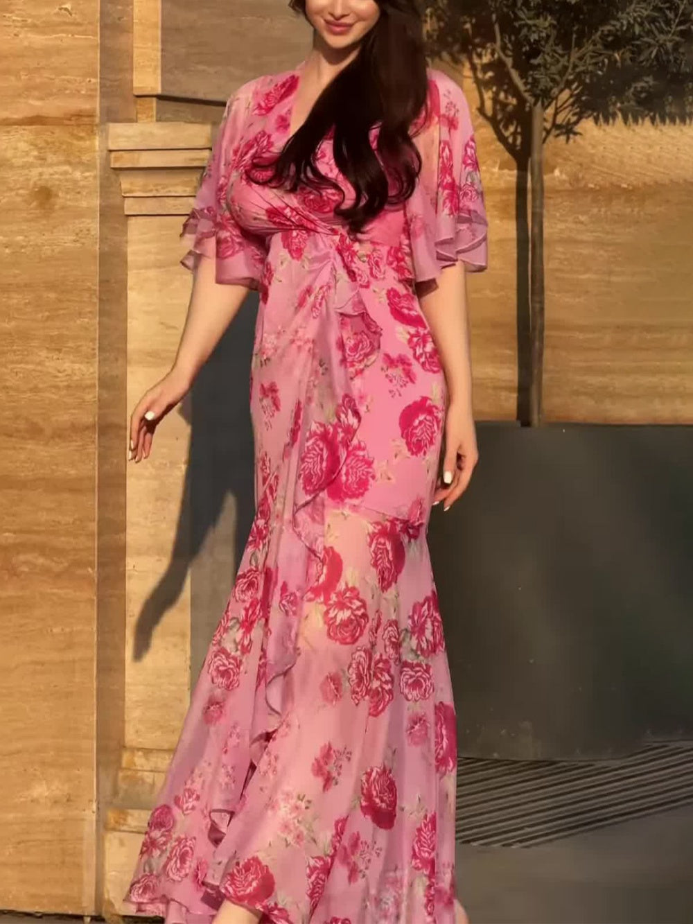 Vestido Retro Manga Trompeta Elegante