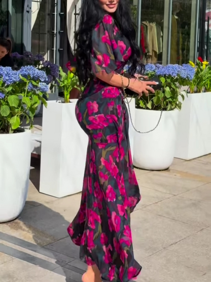 Vestido Retro Manga Trompeta Elegante