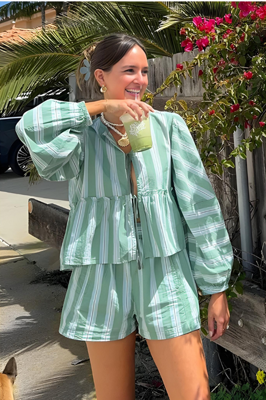 Chic Striped Blouse-Shorts Set