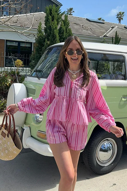 Chic Striped Blouse-Shorts Set